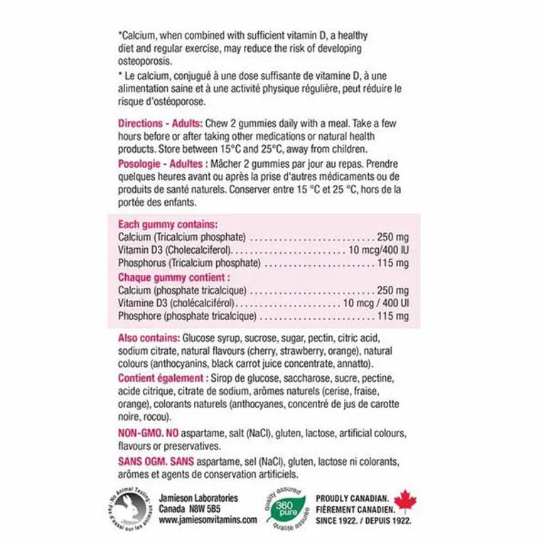 Gomas de Cálcio Jamieson 250mg + D3 400 UI Saúde Óssea em 110 un
